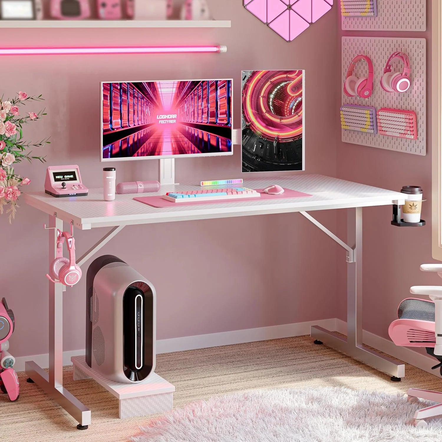42 Inch LED Gaming Desk with Monitor Stand PC Computer Gamer Home Office Table in White