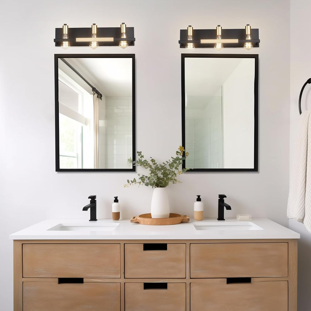 Rustic Bathroom Light Fixtures over Mirror, Matte Black and Gold Vanity Lights for Bathroom, 3 Light Vintage Wall Lighting Fixtures,Industrial Kitchen Wall Mounted Lighting