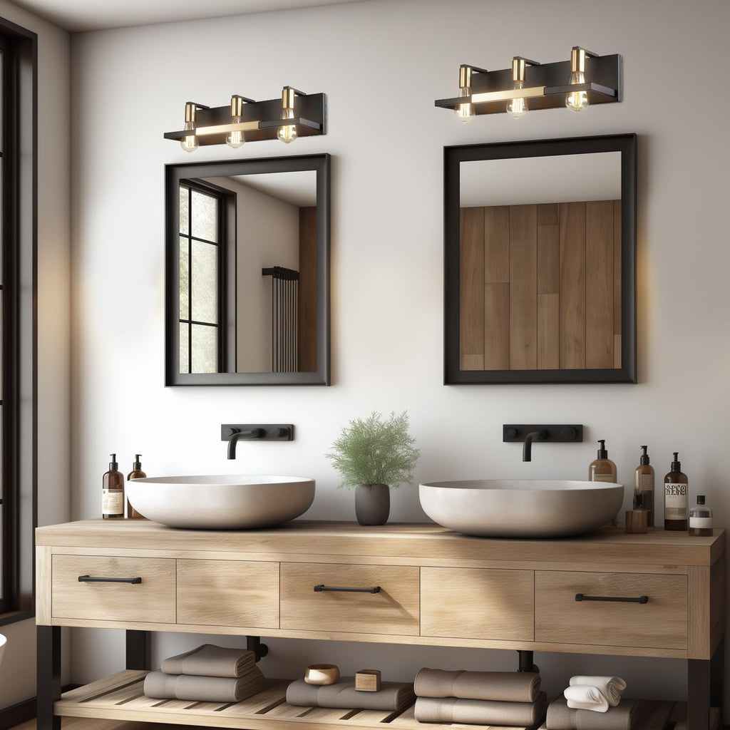 Rustic Bathroom Light Fixtures over Mirror, Matte Black and Gold Vanity Lights for Bathroom, 3 Light Vintage Wall Lighting Fixtures,Industrial Kitchen Wall Mounted Lighting