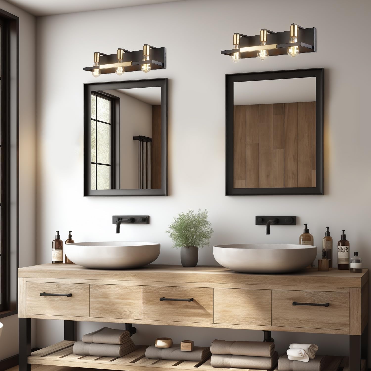 Rustic Bathroom Light Fixtures over Mirror, Matte Black and Gold Vanity Lights for Bathroom, 3 Light Vintage Wall Lighting Fixtures,Industrial Kitchen Wall Mounted Lighting