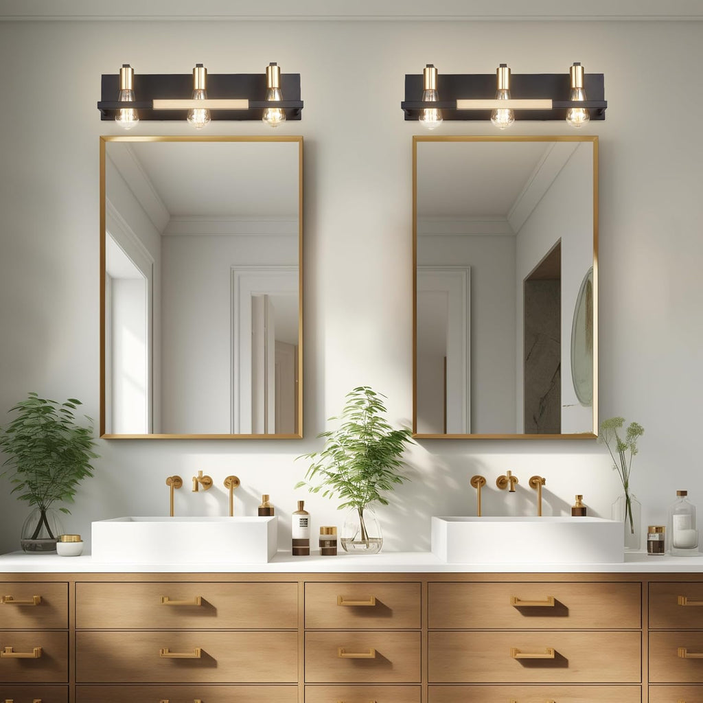 Rustic Bathroom Light Fixtures over Mirror, Matte Black and Gold Vanity Lights for Bathroom, 3 Light Vintage Wall Lighting Fixtures,Industrial Kitchen Wall Mounted Lighting