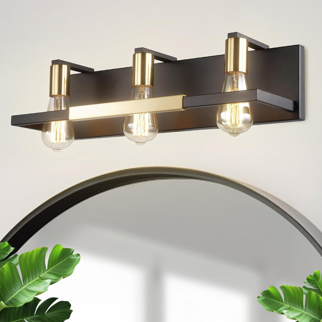 Rustic Bathroom Light Fixtures over Mirror, Matte Black and Gold Vanity Lights for Bathroom, 3 Light Vintage Wall Lighting Fixtures,Industrial Kitchen Wall Mounted Lighting
