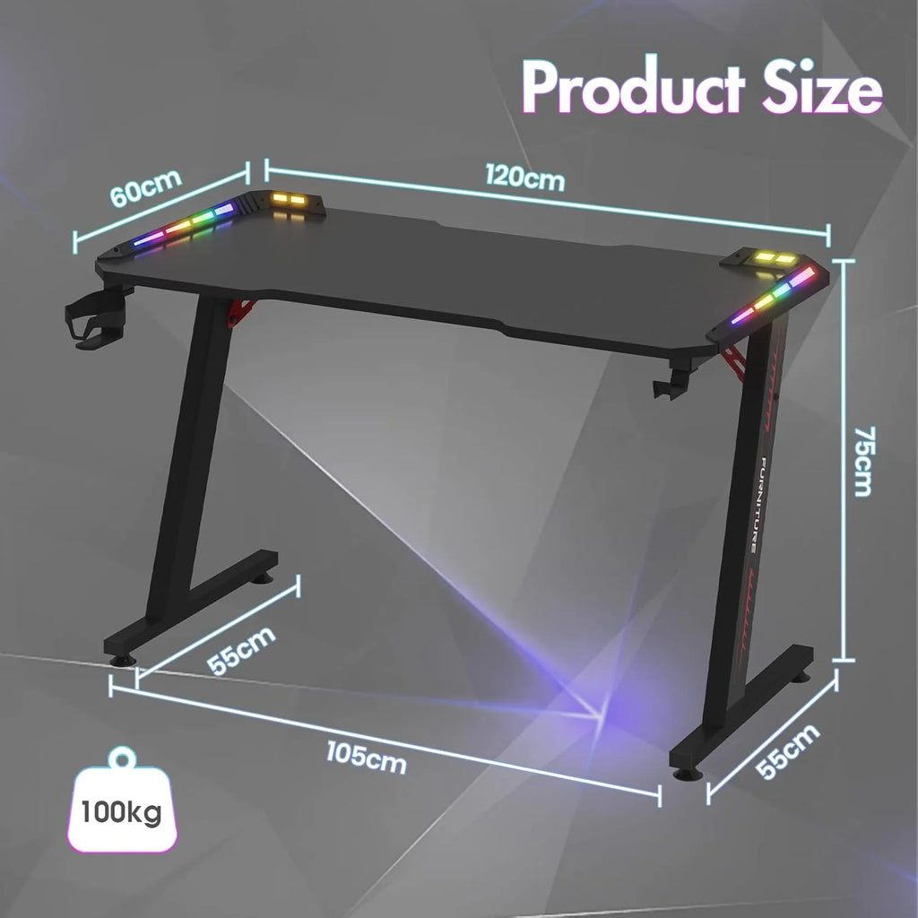 Gaming Bureau Met RGB LED Verlichting 120X60 Cm – Carbon Fiber Look Met Z Frame En Accessoires | Restfield