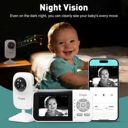 Wifi Video Baby Monitor, 2.8" LCD & App Viewing, 2-Way Audio, Night Vision, VOX, 5 Lullabies, Supports 4 Cameras, 1200Ft Range, Home Use
