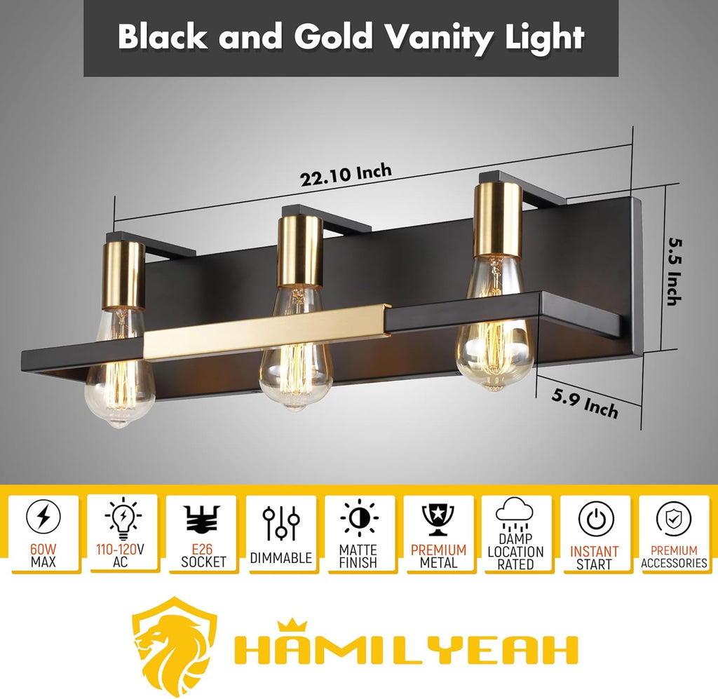 Rustic Bathroom Light Fixtures over Mirror, Matte Black and Gold Vanity Lights for Bathroom, 3 Light Vintage Wall Lighting Fixtures,Industrial Kitchen Wall Mounted Lighting
